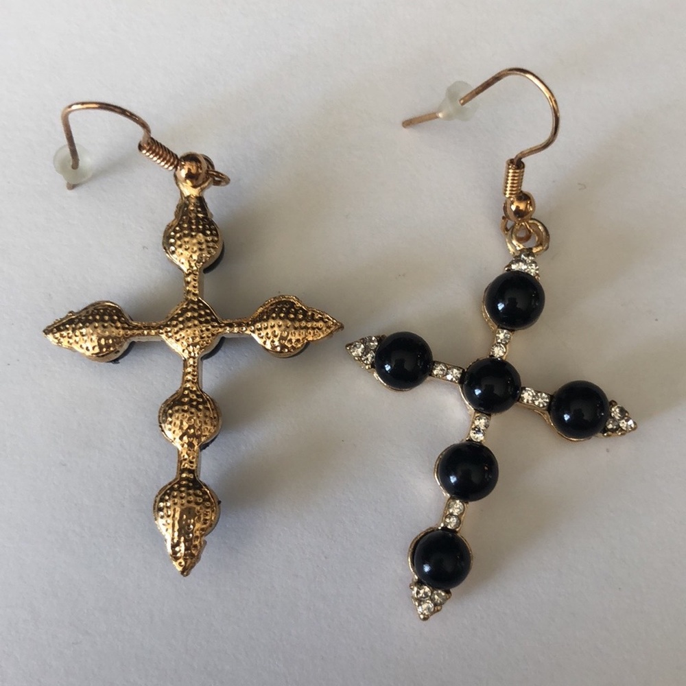 Gold cross dangle earrings with black beads and crystals